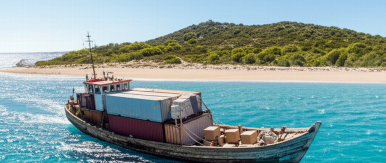 Un barco de carga con contenedores y cajas acercándose a una isla menor a través de aguas cristalinas, representando el viaje de una mudanza insular.