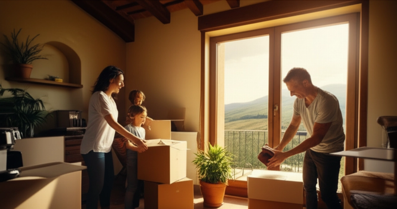Famille caucasienne déballant joyeusement des cartons dans une maison italienne ensoleillée, avec des carreaux en terre cuite et une vue sur le paysage italien, symbolisant un nouveau départ en Italie.