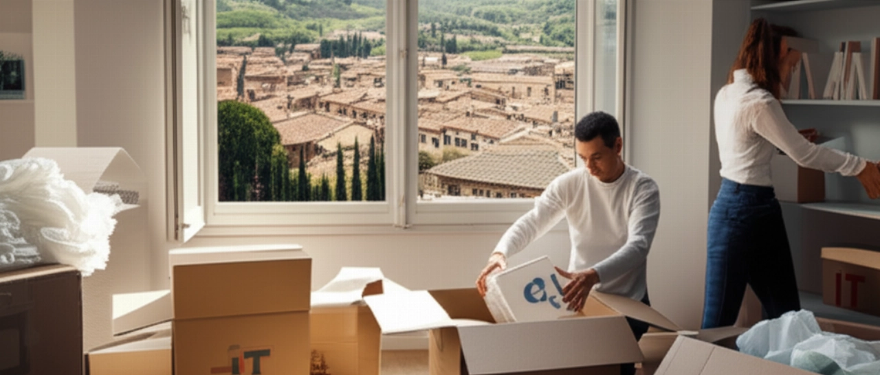 Caucasian couple unpacking boxes in a bright Italian home, with a view of a typical village and boxes labeled "CH" and "IT".