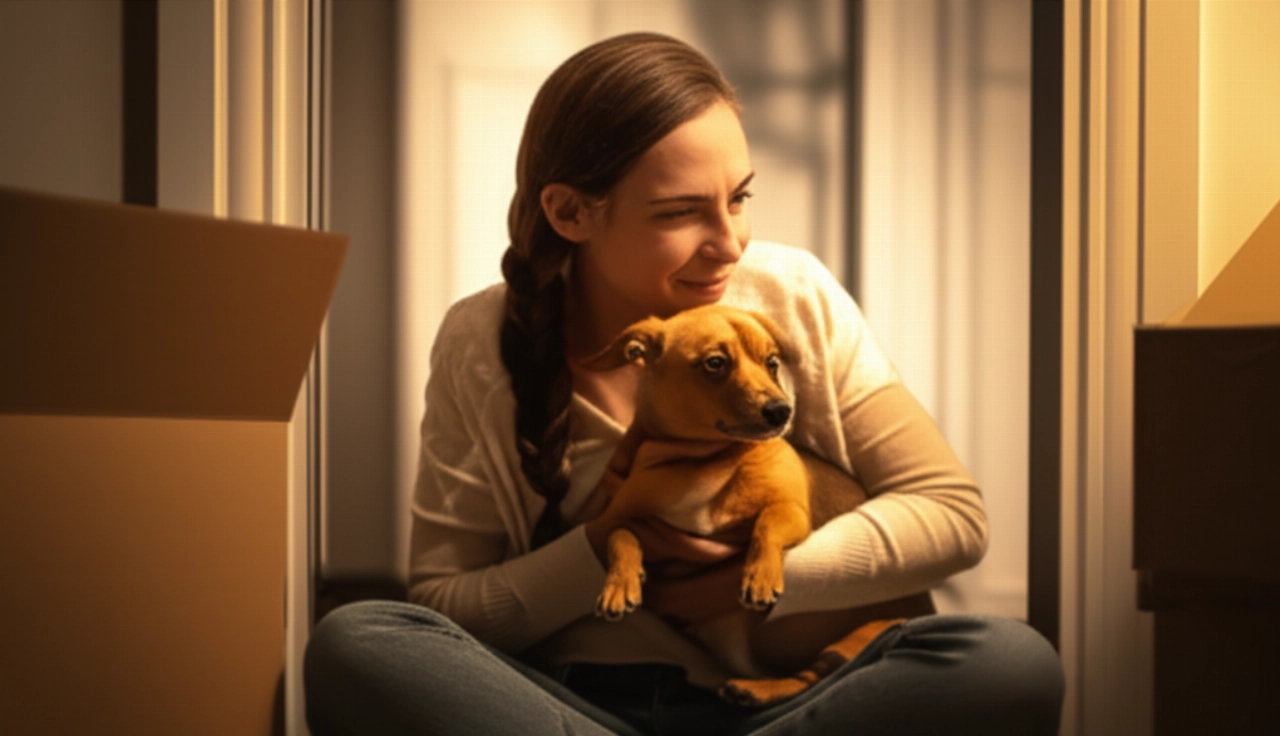 Femme caucasienne rassurant son petit chien pendant le déménagement.