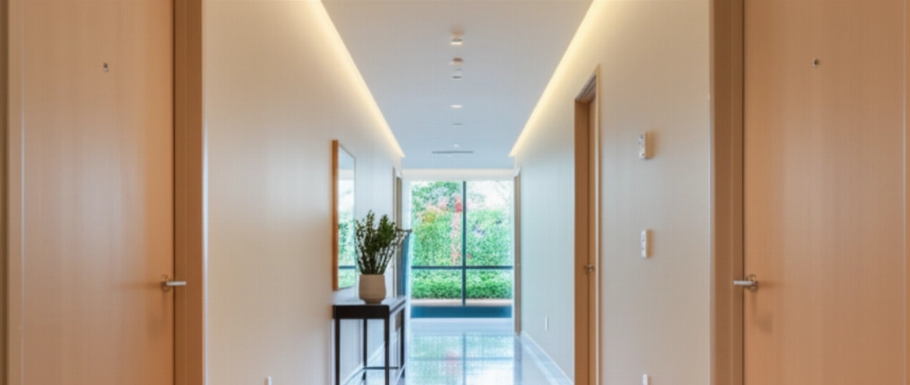 Corridoio pulito e moderno all'interno di un condominio ben tenuto.