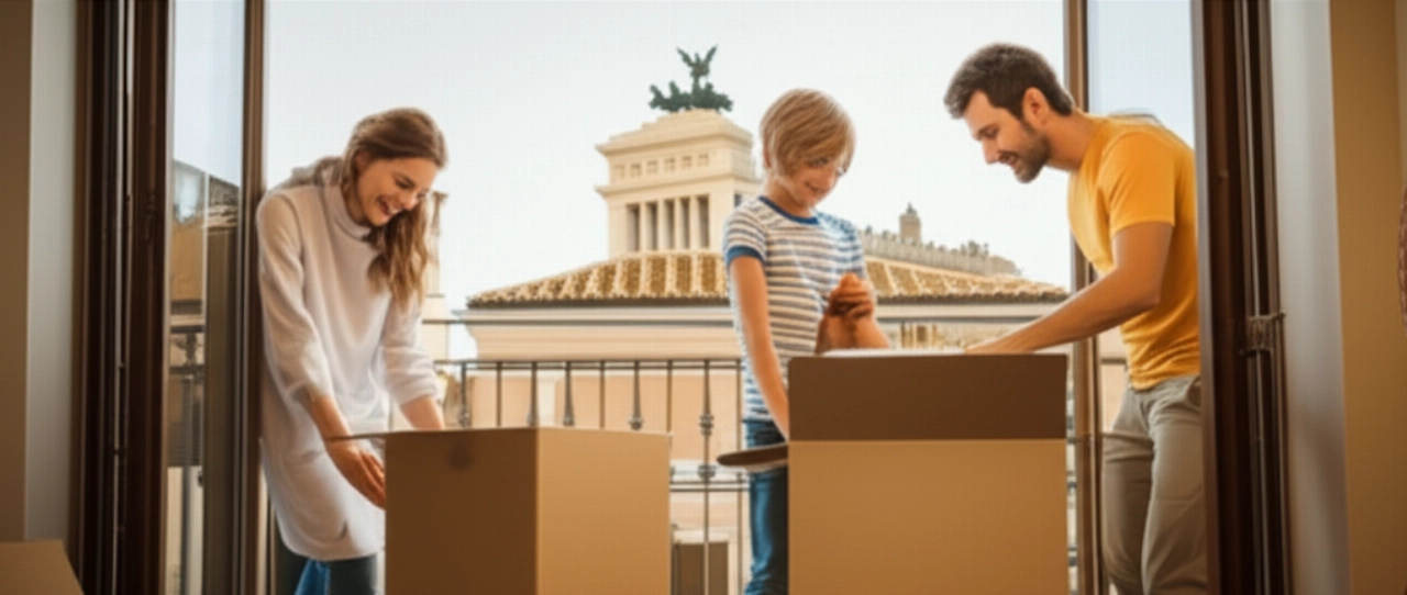 Familia caucásica desempacando cajas en un nuevo apartamento en Roma, con vistas a los tejados de la ciudad.