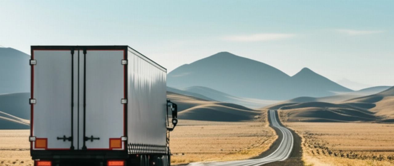 Un moderno camion di trasloco percorre una strada panoramica verso un orizzonte vasto e invitante, simboleggiando il viaggio verso una nuova vita.