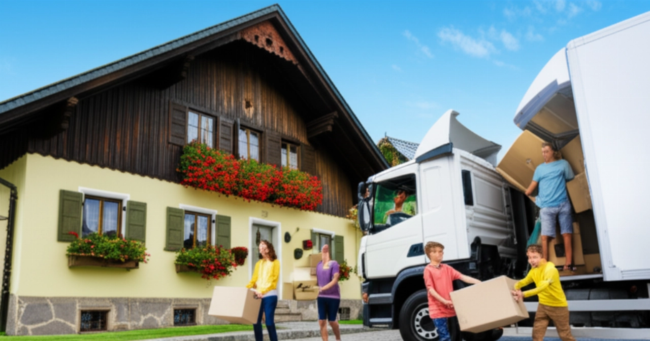 Moving truck in front of a traditional Austrian house with a Caucasian family carrying moving boxes.