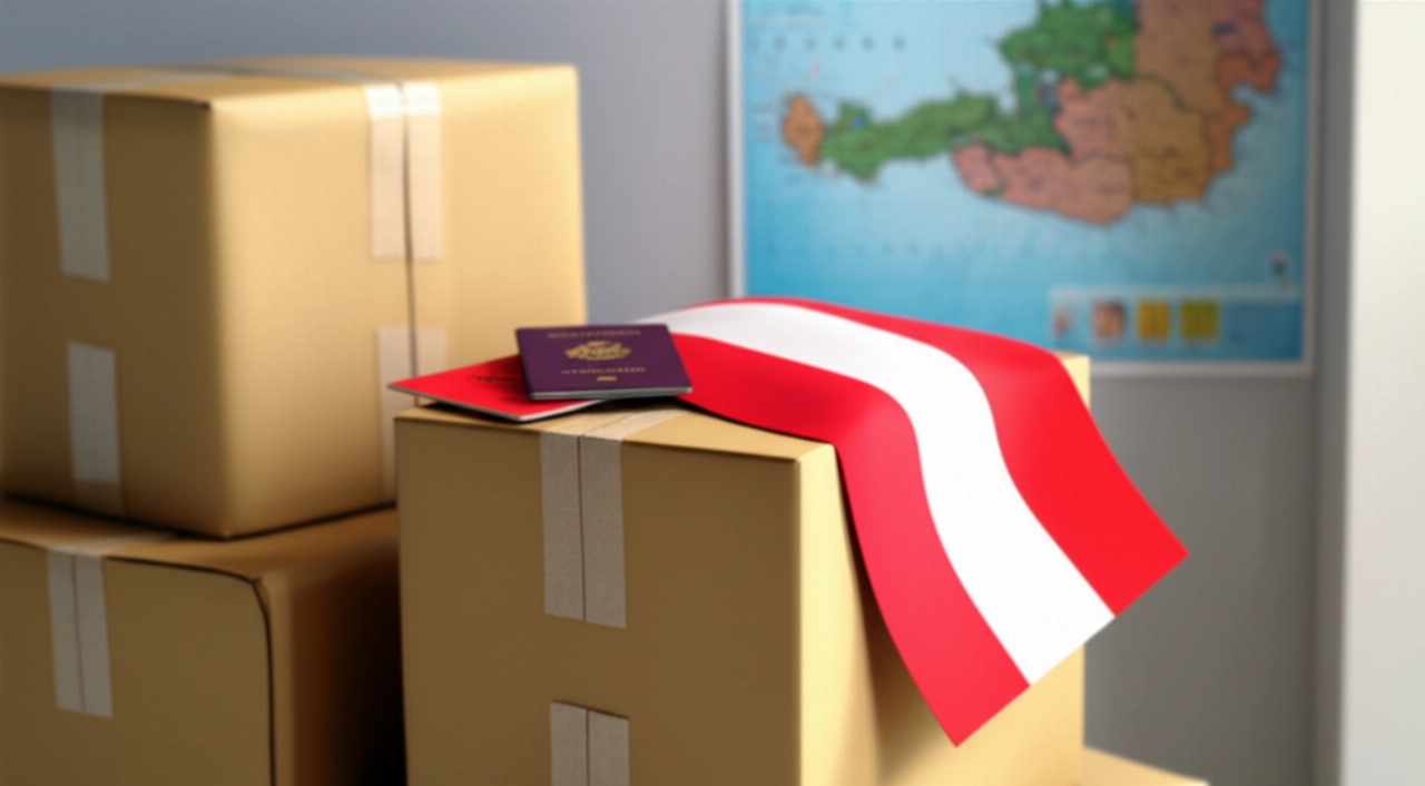 Moving boxes with an Austrian flag and a European passport on top.