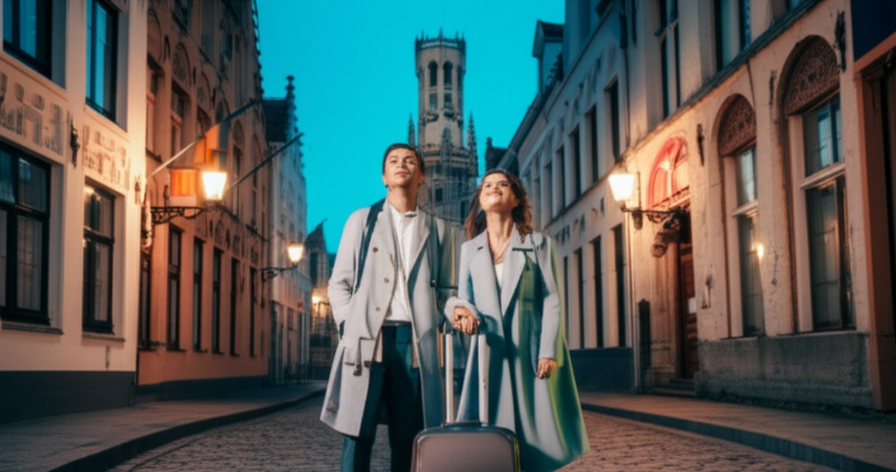 Giovane coppia caucasica ammira l'architettura storica di Bruges al tramonto, simbolo di un nuovo inizio in Belgio.