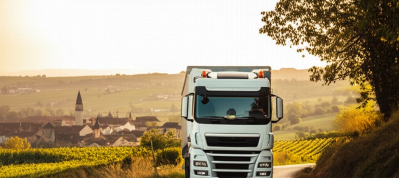 Un moderno camion per traslochi percorre una pittoresca strada tortuosa nella campagna francese all'ora d'oro, con dolci colline, vigneti e un villaggio in lontananza.