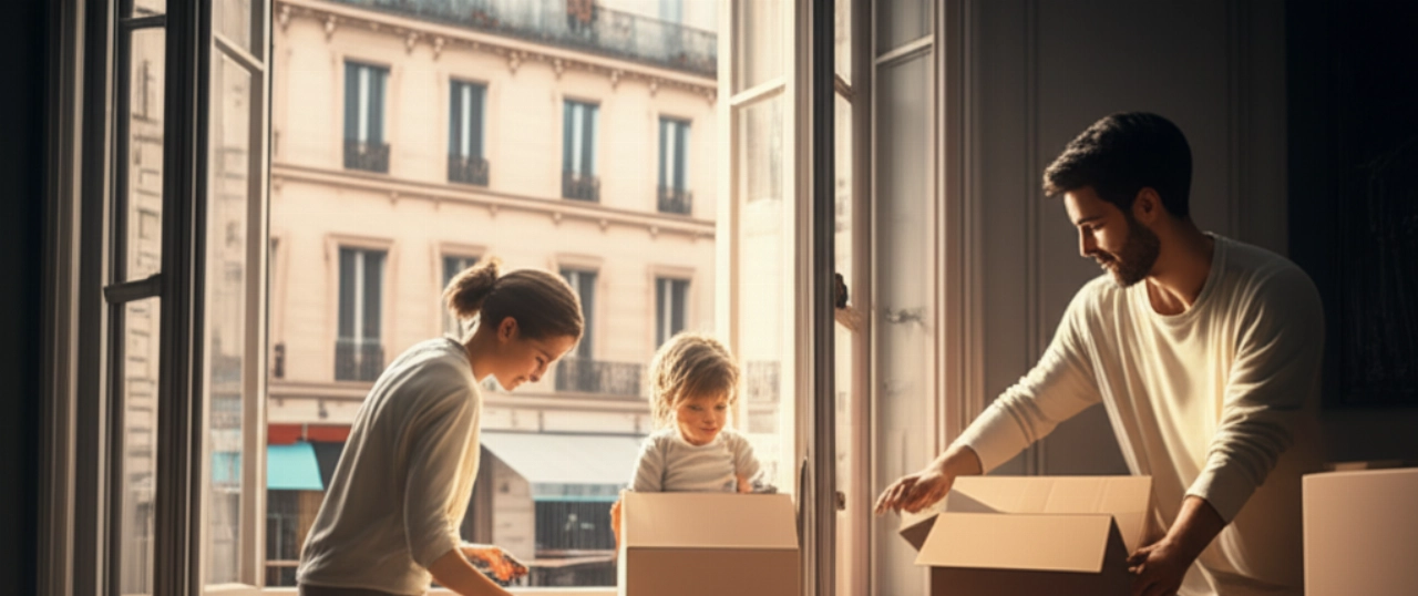 Una famiglia caucasica (genitori e un bambino piccolo) disimballa felicemente gli scatoloni nel loro nuovo appartamento francese illuminato dal sole, con una classica strada parigina visibile dalla finestra.