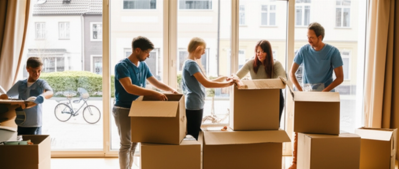 Glückliche kaukasische Familie packt Kartons in einer neuen deutschen Wohnung aus, mit Blick auf eine traditionelle Straße.