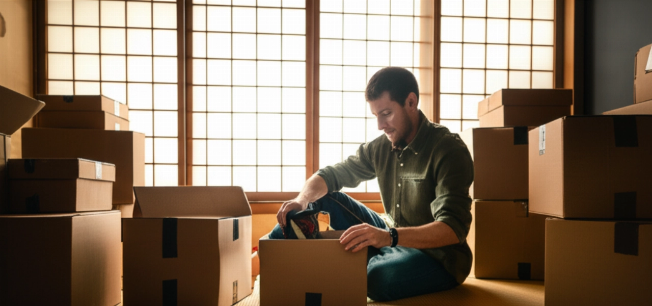 Caucasian man unpacks boxes in his new Japanese-style apartment, featuring tatami mats and natural light.