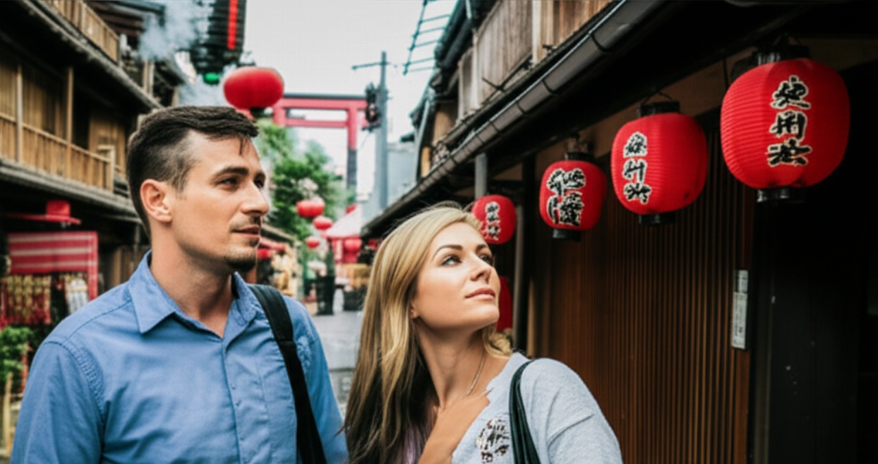 Caucasian couple explores a lively traditional Japanese street with lanterns and wooden buildings.