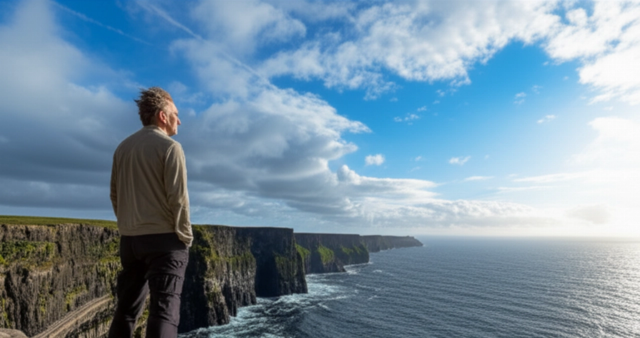 Un uomo caucasico si erge su un sentiero costiero irlandese, ammirando l'Oceano Atlantico, con scogliere imponenti e un cielo drammatico.