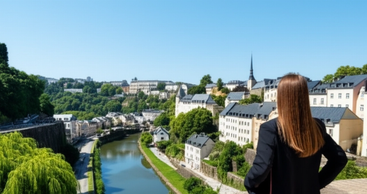 Impresionante vista del histórico barrio de Grund en Luxemburgo, con una mujer caucásica contemplando el paisaje, capturando la belleza y la tranquilidad de la ciudad.