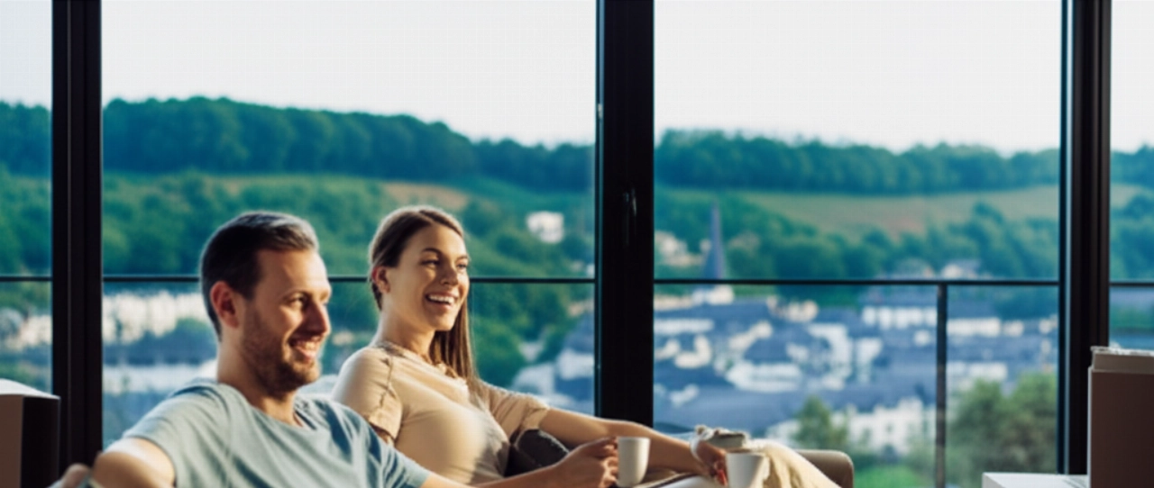 Una pareja caucásica relajada en un acogedor apartamento moderno en Luxemburgo, disfrutando de un café con vistas a las colinas verdes, con cajas de mudanza que sugieren una reciente reubicación.