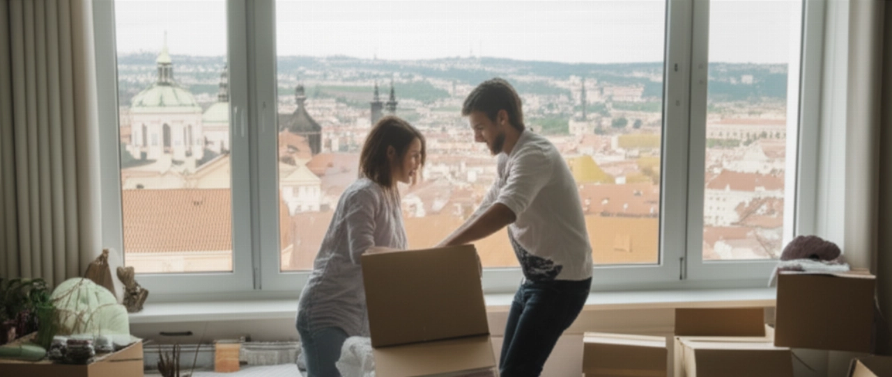 Una coppia caucasica che disfa gli scatoloni in un moderno appartamento ceco, con una vista panoramica della città attraverso la finestra, che rappresenta il processo di insediamento.