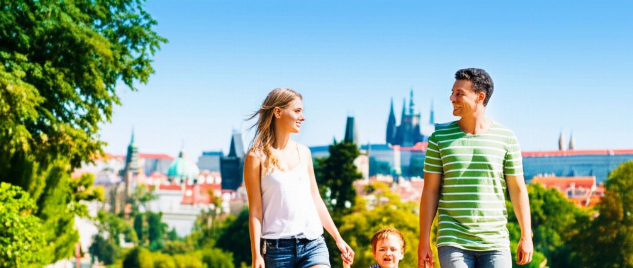 Una famiglia caucasica sorridente passeggia in un parco di Praga, con il Ponte Carlo e il Castello di Praga sullo sfondo, che simboleggia l'integrazione e la felicità nella nuova vita in Repubblica Ceca.