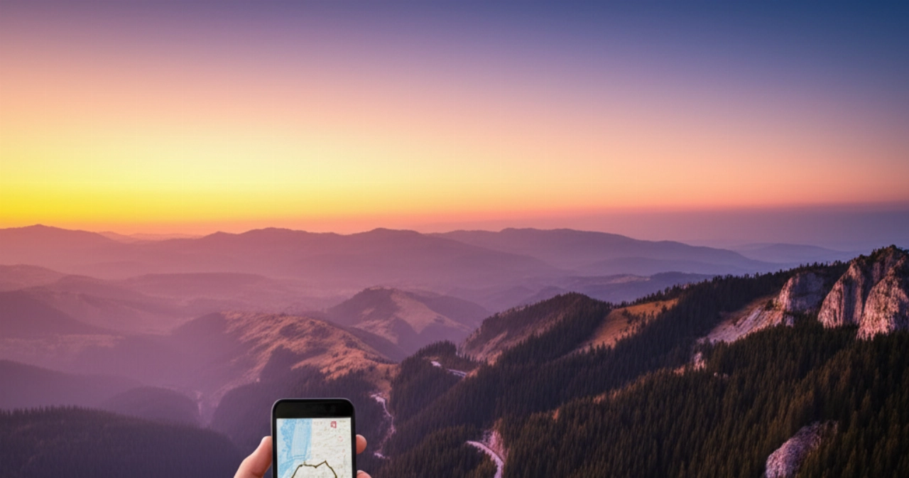 Vue panoramique hyperréaliste des montagnes des Carpates en Roumanie au coucher du soleil, avec une main tenant une carte.