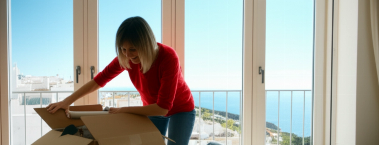 Femme caucasienne déballant des cartons dans un appartement espagnol lumineux avec vue sur la mer.