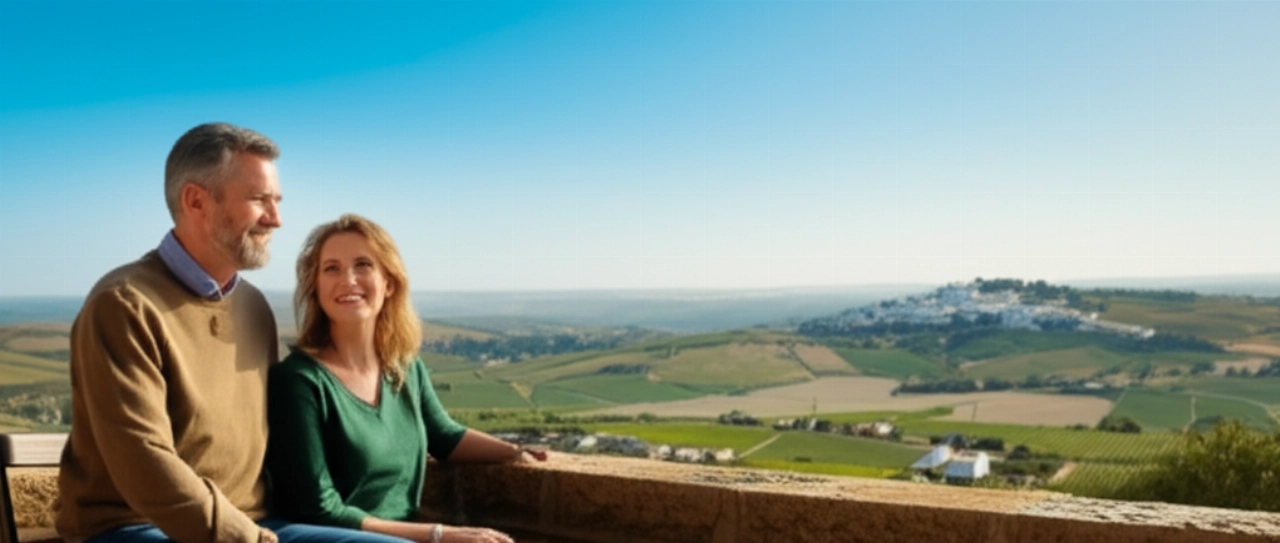 Couple caucasien détendu sur un balcon avec une vue imprenable sur le paysage espagnol.