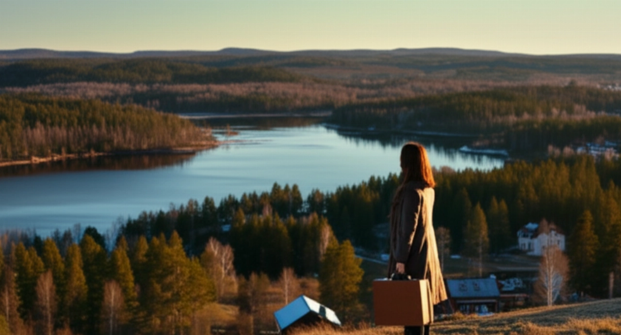 Una mujer caucásica de pie en una colina, con una pequeña maleta, admira un pintoresco paisaje sueco con bosques de pinos y un lago sereno, al atardecer, simbolizando un nuevo comienzo.
