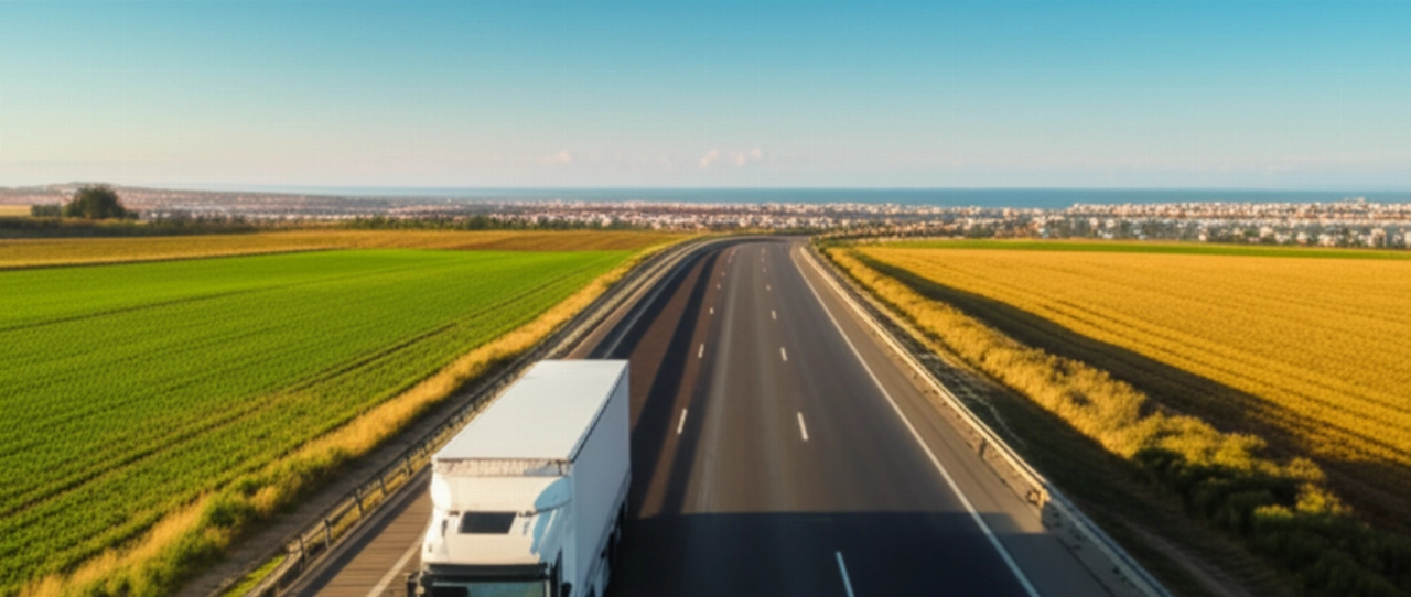 Hyperrealistic aerial view of a moving truck on a scenic highway, with landscapes transitioning from Italy to Spain.