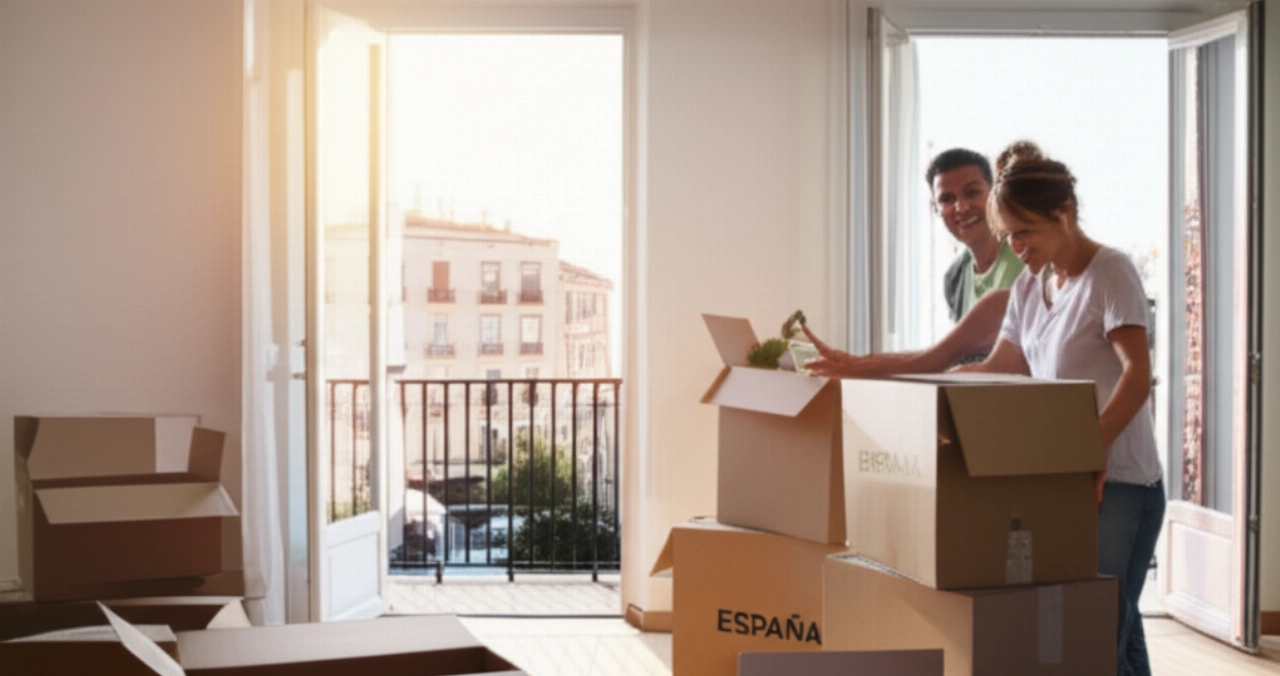 Happy Caucasian couple unpacking boxes in a bright Spanish apartment, with typical architecture visible through the window.