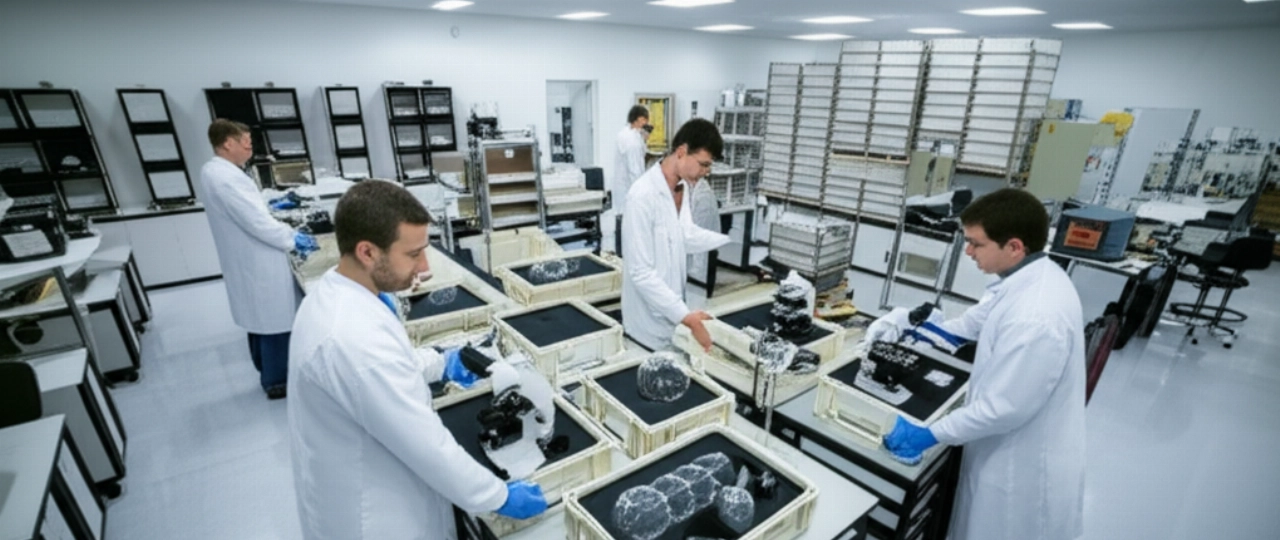 A modern scientific laboratory being packed, with precision equipment arranged in specialized crates for safe transport, managed by Caucasian technicians.