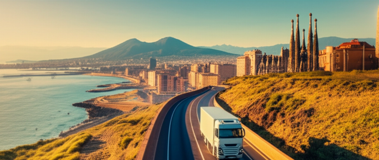 Camion de déménagement sur une route côtière, avec un arrière-plan fusionnant les paysages emblématiques de Naples et de Barcelone au coucher du soleil.