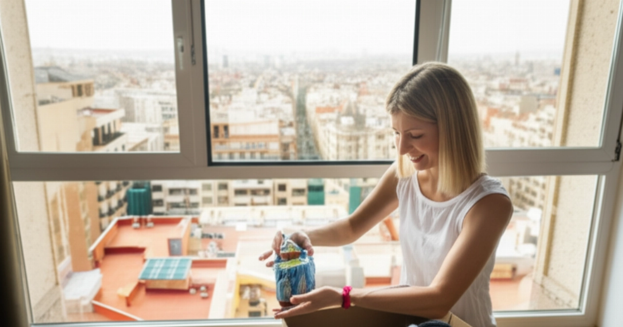 Femme caucasienne souriante déballant des cartons dans un appartement moderne à Barcelone, avec vue sur la ville et un souvenir napolitain.