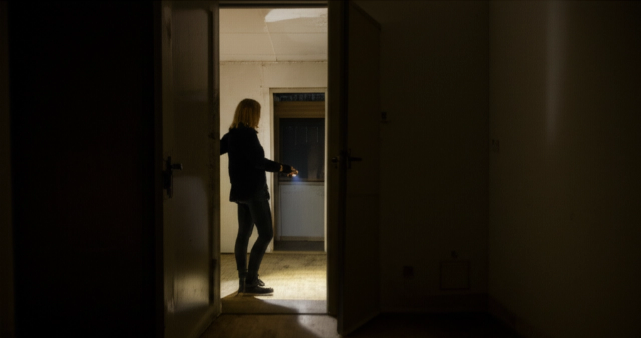 Una persona caucásica solitaria de pie en el umbral de una habitación casi vacía por la noche, iluminada por la luz de una linterna, reflexionando sobre el fin de una era.