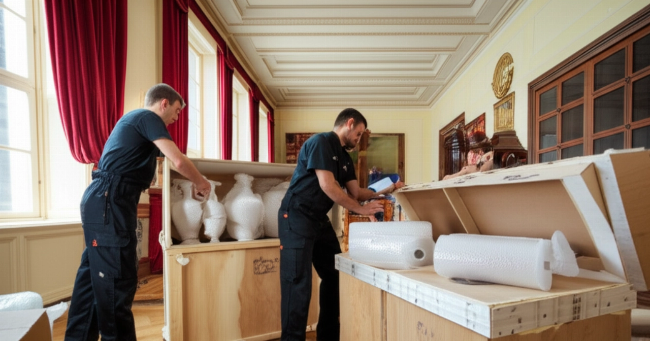 Profesionales caucásicos empacan meticulosamente bienes diplomáticos valiosos en una residencia elegante, utilizando materiales de alta calidad para una reubicación segura.