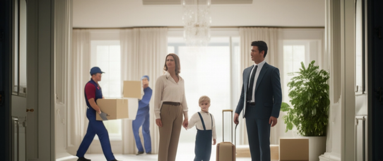 Una familia diplomática caucásica bien vestida llega a una nueva y lujosa residencia, con mudanzas profesionales que llevan los últimos objetos, simbolizando un nuevo comienzo.