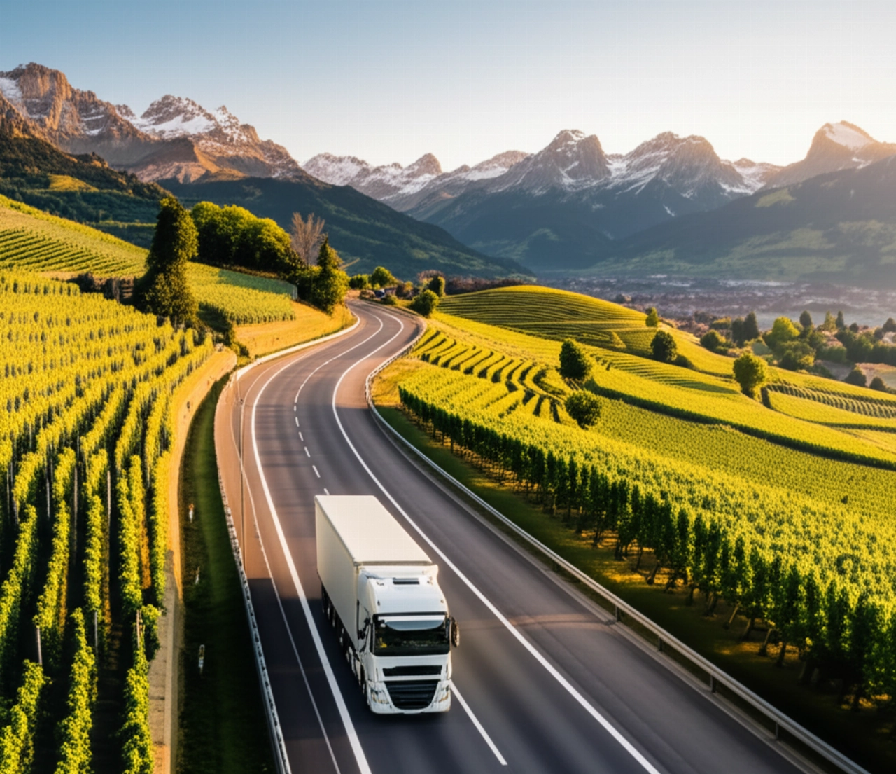 Hyperrealistische Luftaufnahme eines modernen Umzugswagens, der eine Landschaft durchquert, die von den Schweizer Alpen zu den italienischen Hügeln übergeht.