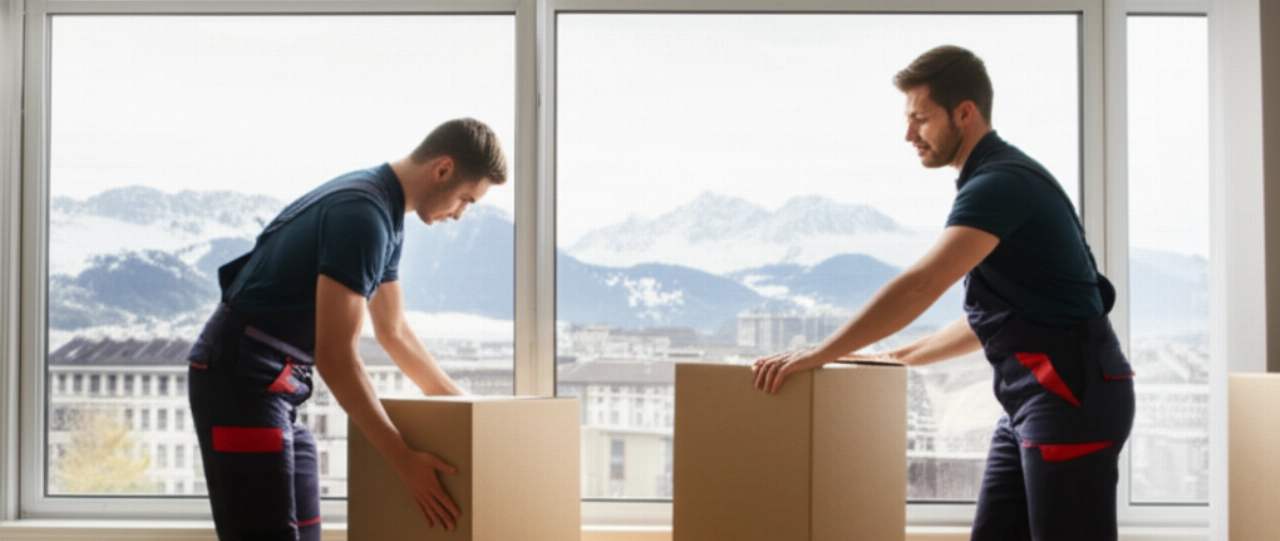 Kaukasische professionelle Umzugshelfer verpacken Gegenstände in einer modernen Schweizer Wohnung mit Blick auf schneebedeckte Berge.