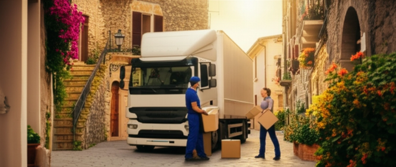Kaukasische professionelle Umzugshelfer entladen Kartons aus einem Lastwagen in einem charmanten italienischen Dorf unter der Sonne.