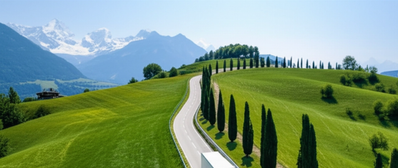 Veduta aerea iperrealistica di un camion da trasloco che attraversa il confine tra le Alpi svizzere e le colline italiane, simboleggiando il viaggio.