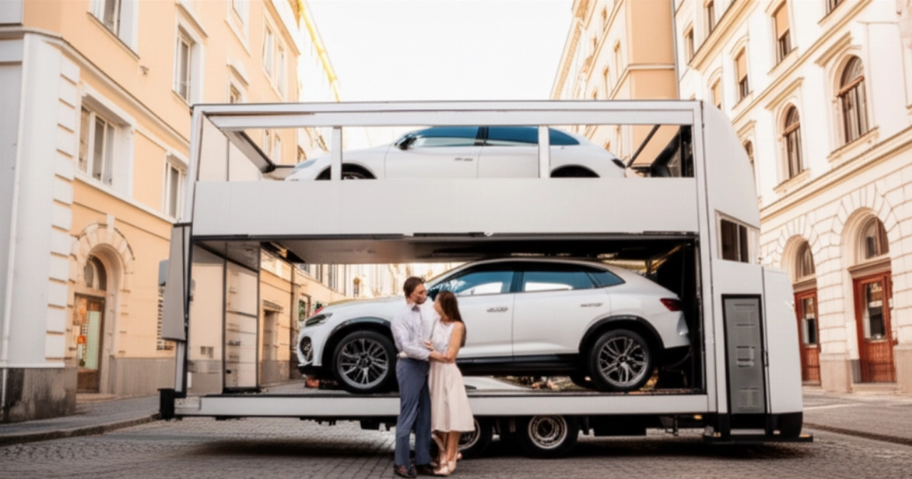 Un SUV bianco immacolato viene scaricato da un trasportatore in una pittoresca città europea, con una coppia caucasica sorridente che ne ammira l'arrivo, simbolo di una consegna internazionale riuscita.