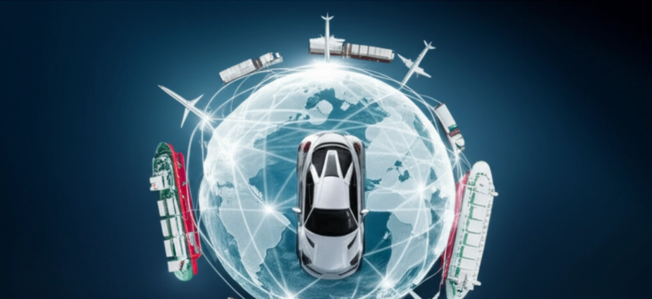 Un modello di auto sportiva su un globo terrestre illuminato con rotte di spedizione internazionali, circondato da modelli in miniatura di navi, aerei e camion, che simboleggiano la rete globale di trasporto auto.