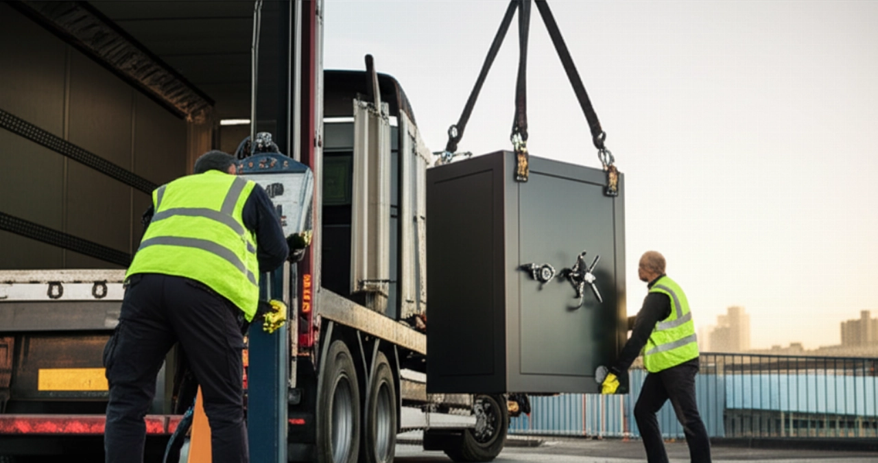 A large industrial safe is carefully lowered from the back of a specialized transport truck onto a loading dock, supervised by two Caucasian professionals.