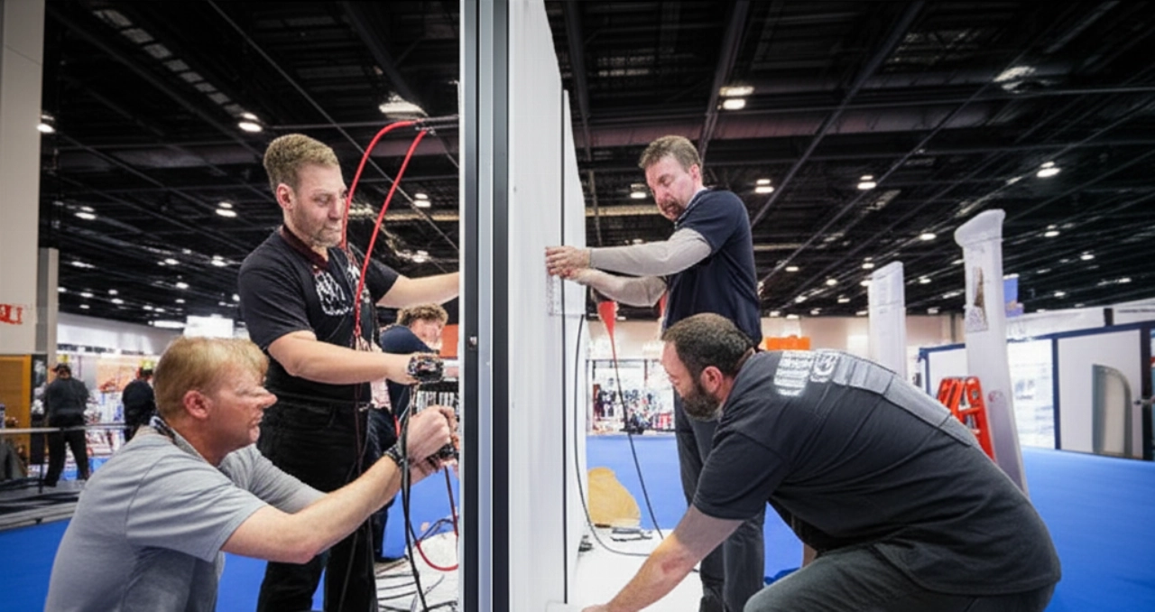 Caucasian technicians assemble a modular trade fair stand in an exhibition hall.