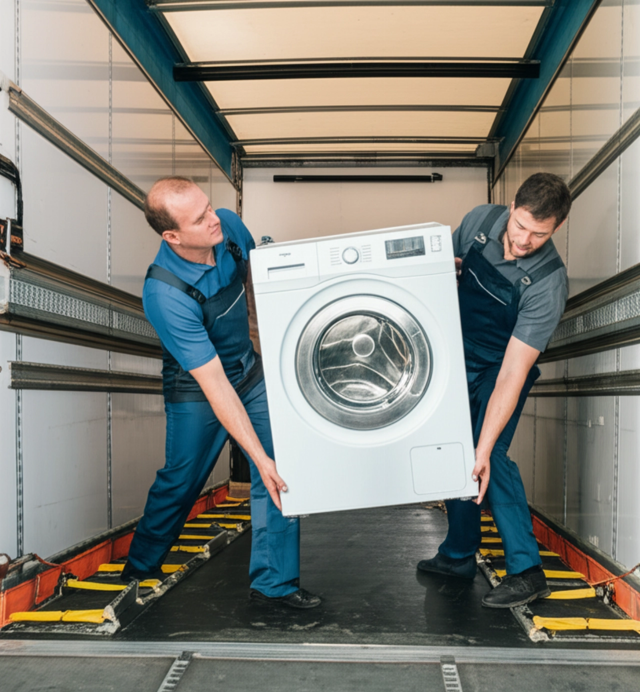 Transporting a heavy washing machine: two professionals load it onto a van using a ramp.