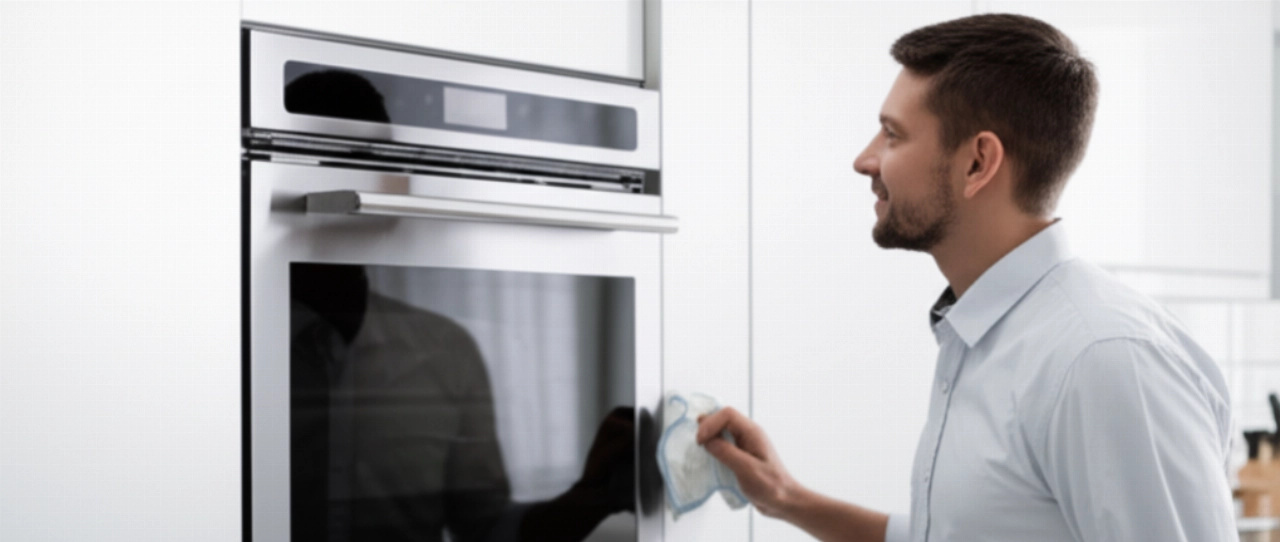 Newly installed stainless steel built-in oven in a modern kitchen, with a technician performing a final check.