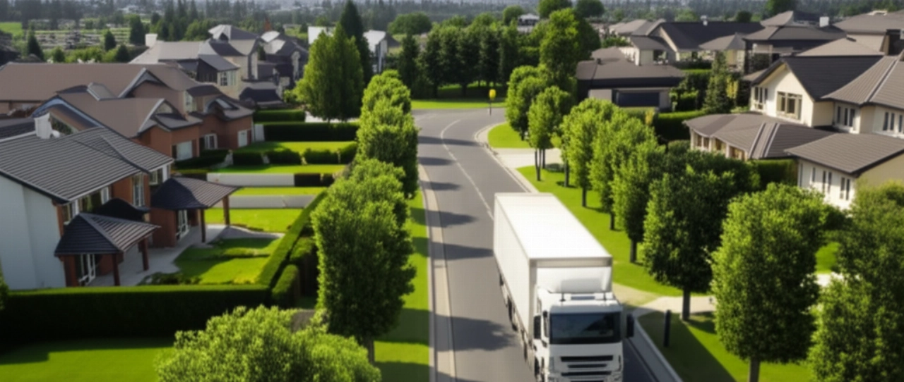 Vista aerea iperrealistica di un camion per traslochi che si dirige verso una nuova casa in un quartiere residenziale alberato.