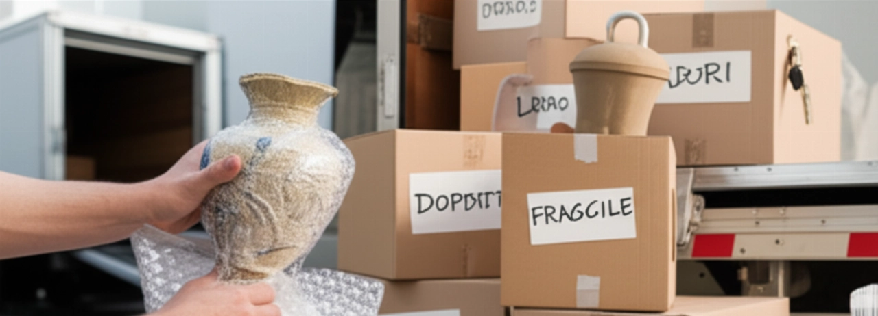 Caucasian hands wrap a fragile vase, with labeled moving boxes and hints of a truck and a storage unit, representing moving costs.