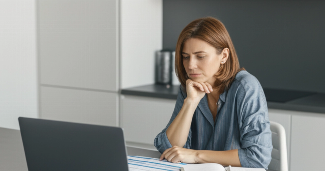 A Caucasian woman focuses her attention on a moving quote on a laptop, with a calculator and coins, symbolizing financial planning for the move.